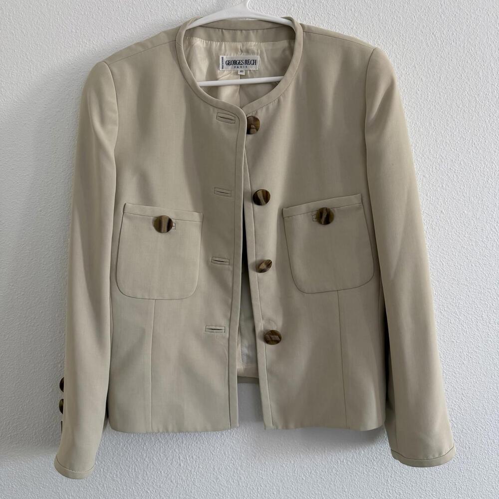 Vintage Early 90's Georges Rech Tan Beige Collarless Suit Jacket Size 40/8